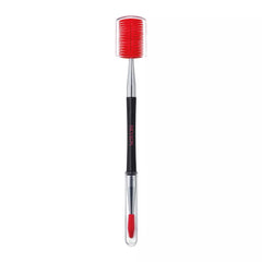 Makeup brush with red bristle head and black handle.
