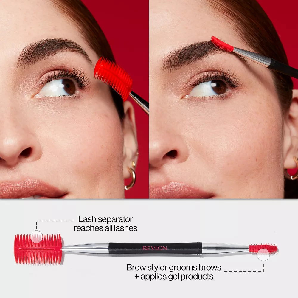 Revlon lash separator and brow stylzer being used on a person's eye and eyebrows.