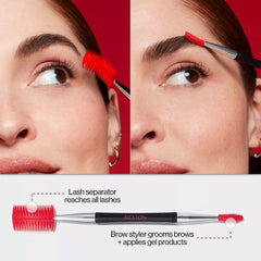 Revlon lash separator and brow stylzer being used on a person's eye and eyebrows.
