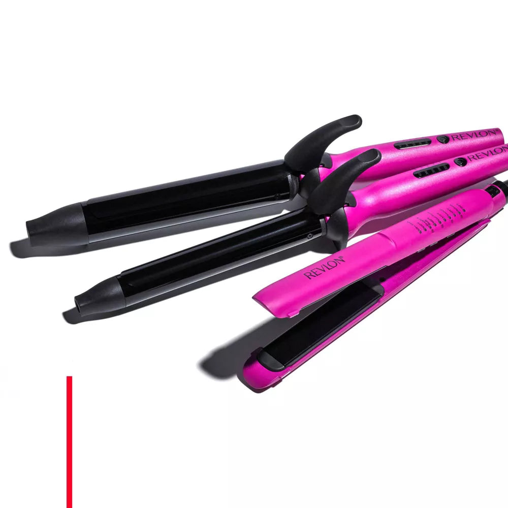 Pink and black hair styling tools.