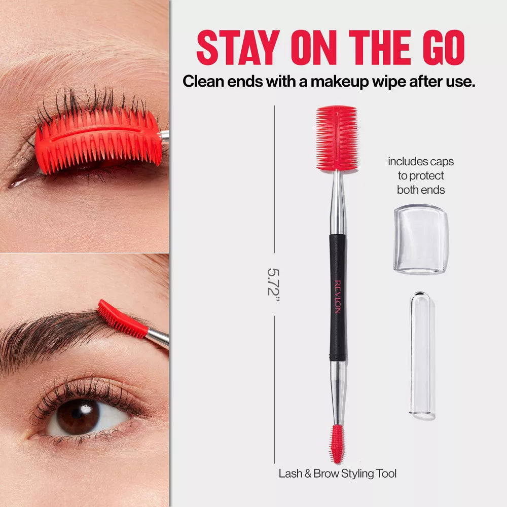 Lash and brow styling tool with red bristle ends, shown on eyes and with product details.