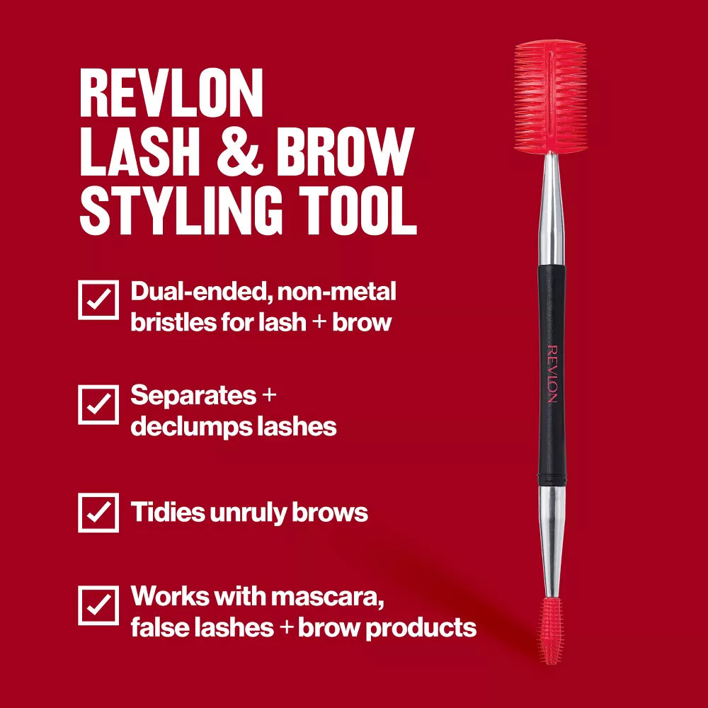 Revlon lash and brow styling tool on a red background with product features listed.