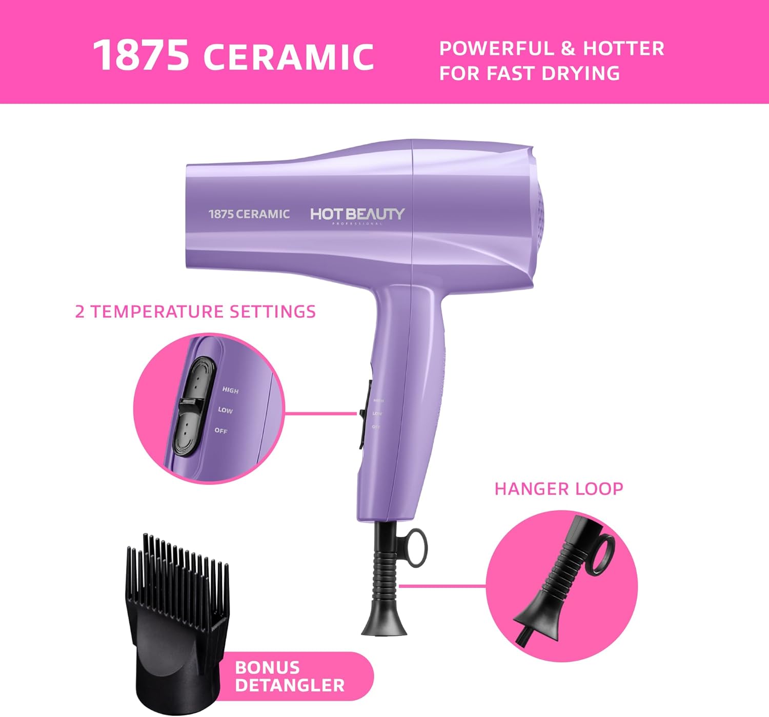 Hot Beauty 1875 Ceramic Hair Dryer, Powerful Fast Drying, Multi-Setting with Comb Attachment, Additional Detangler Included, Slide Bar Switch, Compact for Home & Travel