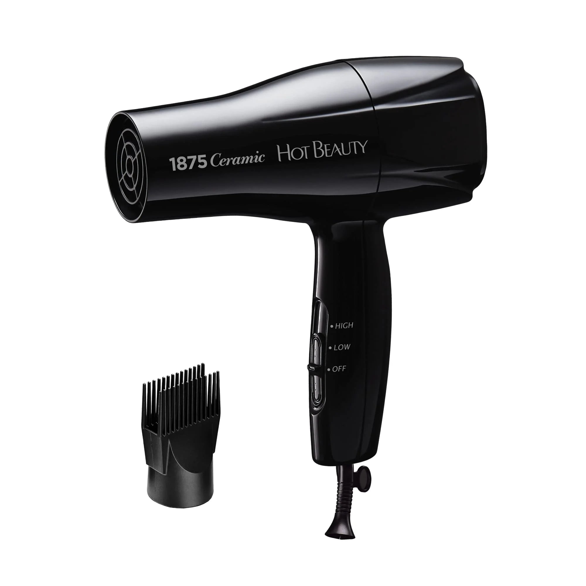 Hot Beauty 1875 Ceramic Hair Dryer, Powerful Fast Drying, Multi-Setting with Comb Attachment, Additional Detangler Included, Slide Bar Switch, Compact for Home & Travel