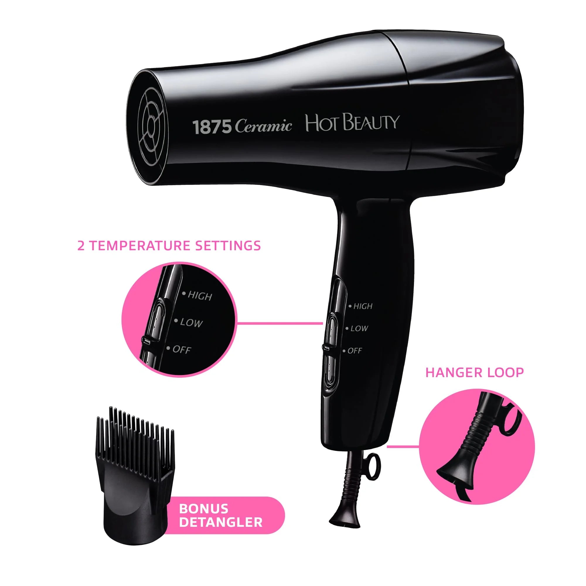 Hot Beauty 1875 Ceramic Hair Dryer, Powerful Fast Drying, Multi-Setting with Comb Attachment, Additional Detangler Included, Slide Bar Switch, Compact for Home & Travel