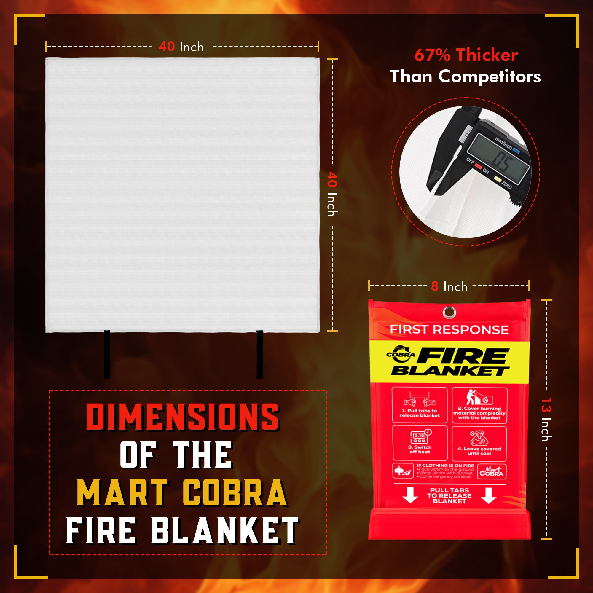 Mart Cobra Emergency Fire Blanket for Home and Kitchen - 1 Pack - Fire Blankets Emergency for Home 40" x 40" - Fire Suppression Blanket - Fiberglass Fire Blankets