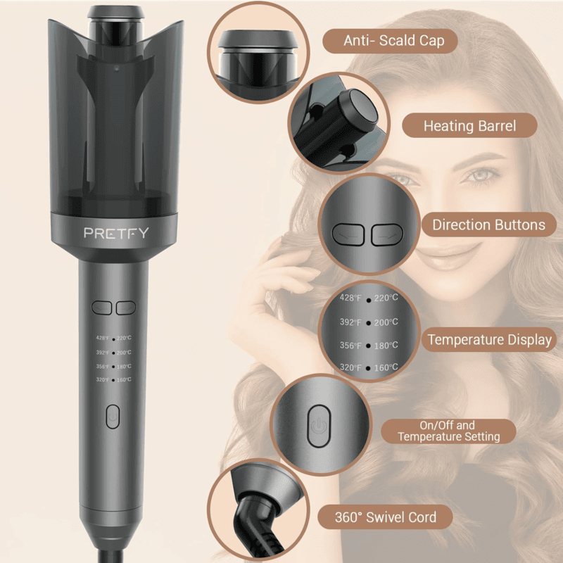 Pretfy Automatic Curling Iron, Auto Hair Curler with 1 inch Ceramic Ionic Barre, 4 Gears Heating Temperatures & LCD Display, Auto Shut-Off and Anti-Scald, Fast Heating for Hair Styling