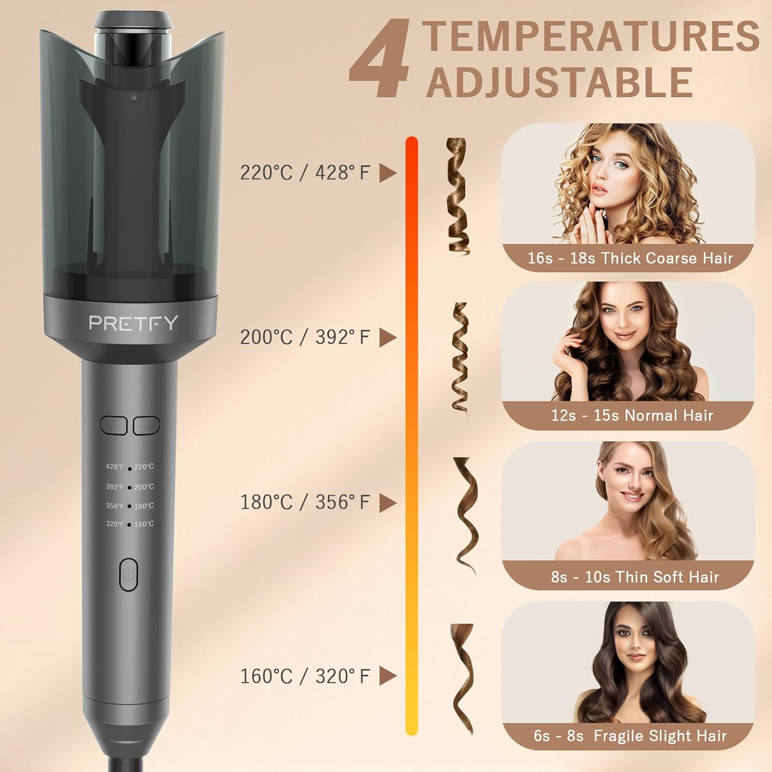 Pretfy Automatic Curling Iron, Auto Hair Curler with 1 inch Ceramic Ionic Barre, 4 Gears Heating Temperatures & LCD Display, Auto Shut-Off and Anti-Scald, Fast Heating for Hair Styling