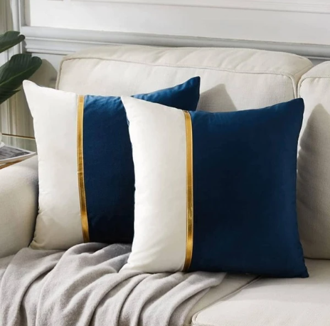 2 Pcs Color Block Cushion Cover Without Filler, Navy Blue Polyester Throw Pillow Case