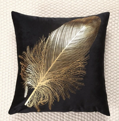 1 pc Metallic Gold Feather Print Cushion Cover Without Filler, Modern Throw Pillow Case For Sofa, Home Decor