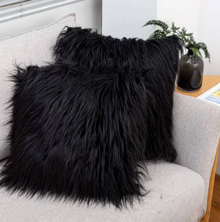 1pc Fluffy Cushion Cover Without Filler, Black Plush Throw Pillow Cover, Pillow Insert Not Include, For Sofa