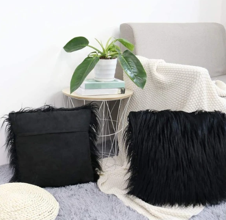 2 Pcs Fluffy Cushion Cover Without Filler, Black Plush Throw Pillow Cover, Pillow Insert Not Include, For Sofa, Living Room