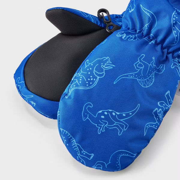 Blue children's mittens with dinosaur pattern on a white background