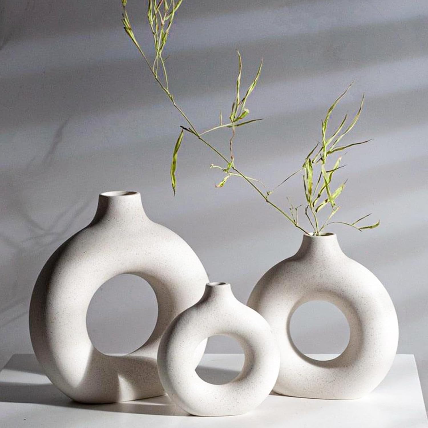 White Ceramic Vase - Modern Vase for Minimalist Decor, Hollow Round Matte Pampas Flower Vases for Boho Home, Wedding, Party, Room, Dinner Table Shelf Decor