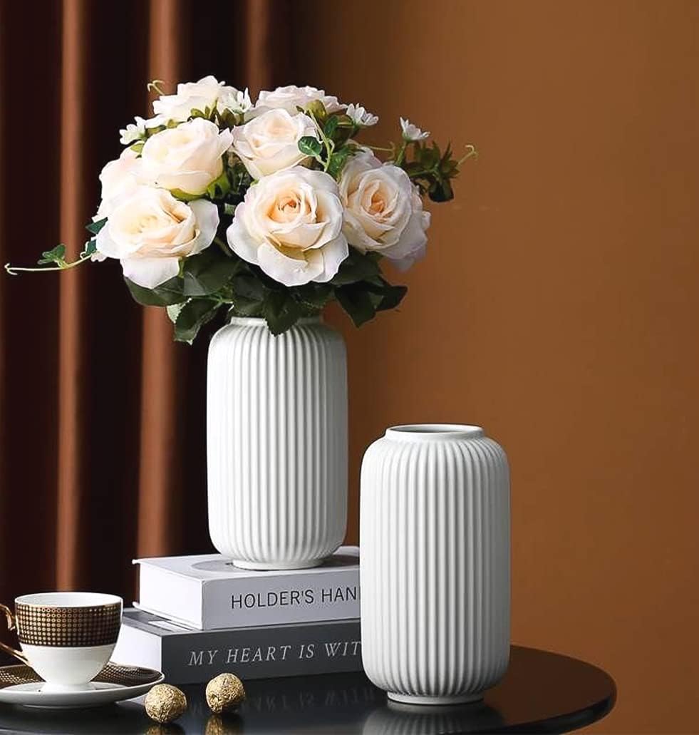 8 Inch Tall Glossy White Ceramic Ribbed Vase, Simple Modern Decorative Vases for Home Decor Table Centerpieces