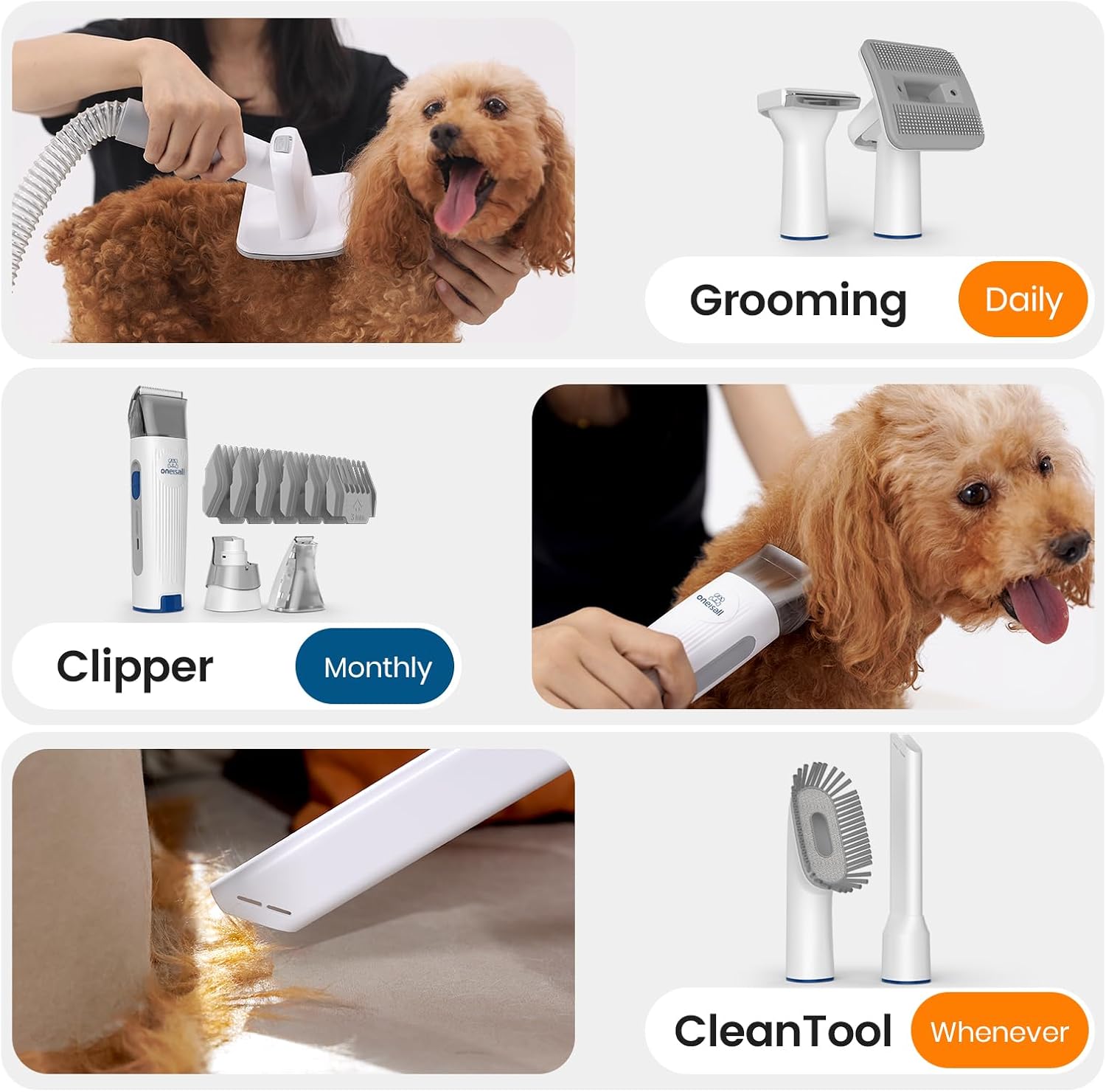 oneisall Dog Hair Vacuum & Grooming Kit – Pet Vacuum with Clipper, Nail Grinder, 1.5L Dust Cup, and 7 Tools for Shedding Pet Hair and Home Cleaning