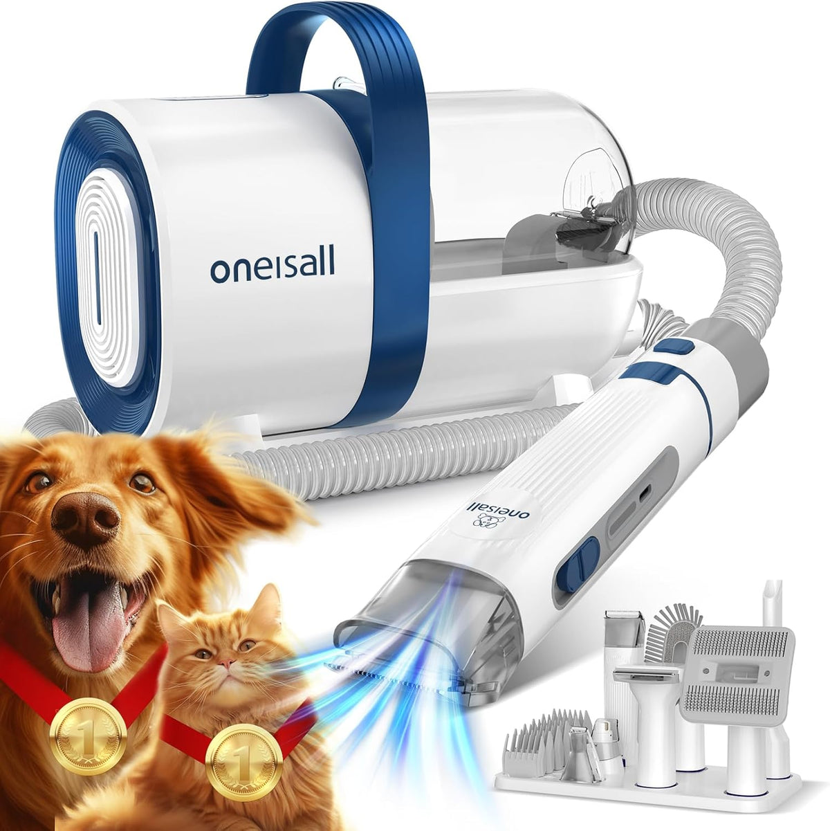 oneisall Dog Hair Vacuum & Grooming Kit – Pet Vacuum with Clipper, Nail Grinder, 1.5L Dust Cup, and 7 Tools for Shedding Pet Hair and Home Cleaning