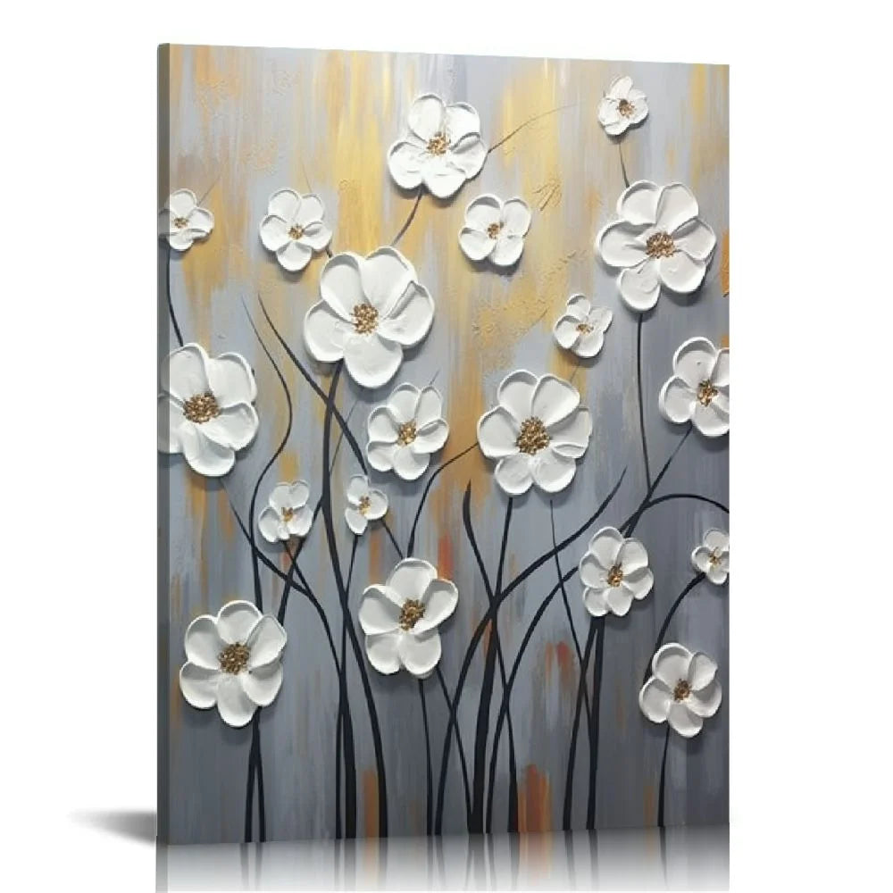 COMIO White Flower Texture Painting White Flower Abstract Wall Art Flower Canvas Painting White Textured Flower Picture Black And White Texture Artwork Modern Floral Wall Art Decor