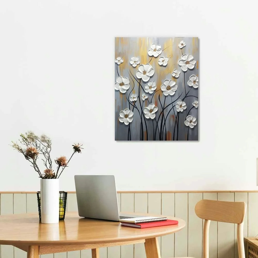 COMIO White Flower Texture Painting White Flower Abstract Wall Art Flower Canvas Painting White Textured Flower Picture Black And White Texture Artwork Modern Floral Wall Art Decor