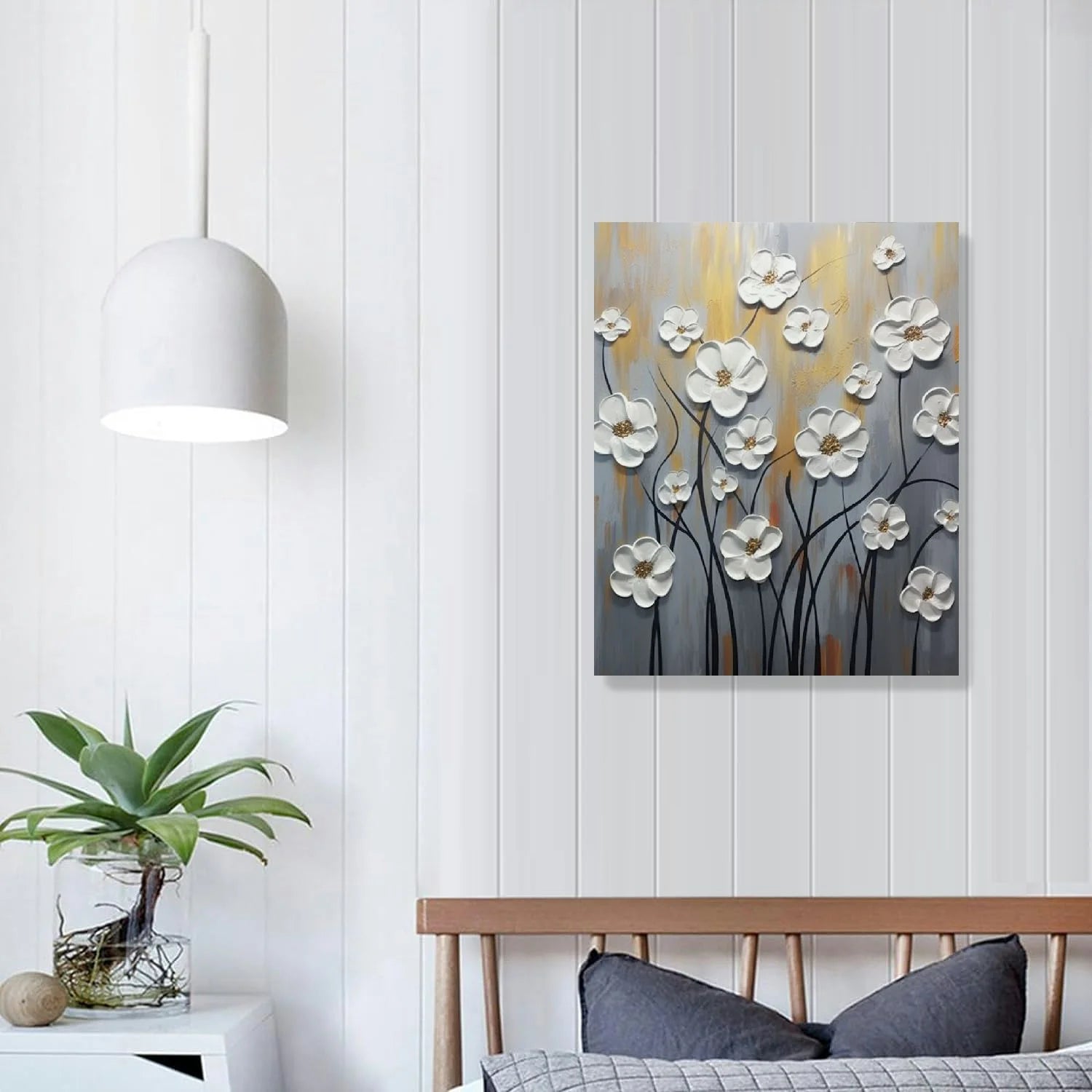 COMIO White Flower Texture Painting White Flower Abstract Wall Art Flower Canvas Painting White Textured Flower Picture Black And White Texture Artwork Modern Floral Wall Art Decor