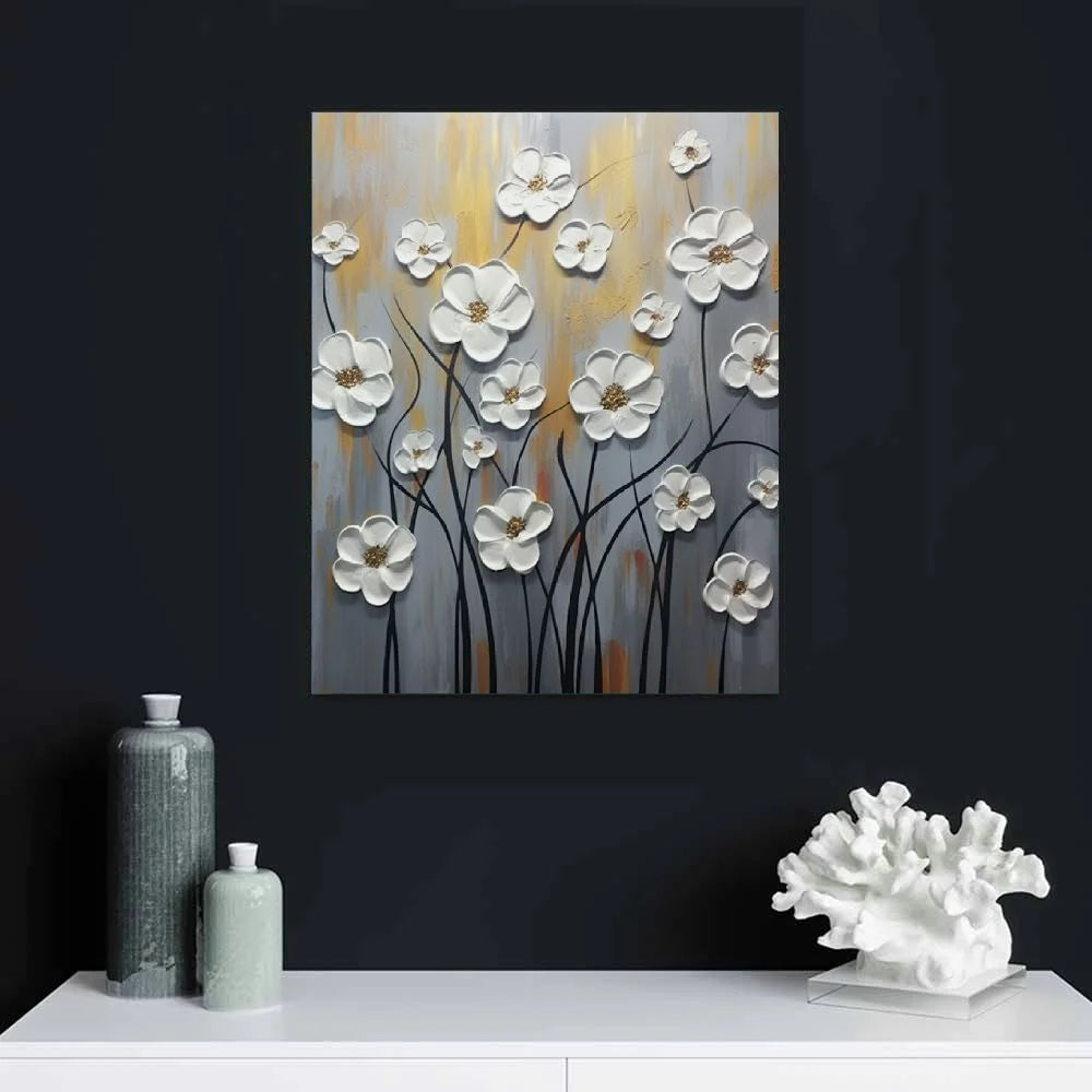 COMIO White Flower Texture Painting White Flower Abstract Wall Art Flower Canvas Painting White Textured Flower Picture Black And White Texture Artwork Modern Floral Wall Art Decor