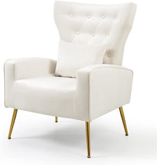 WQSLHX Button-Tufted Living Room Chairs Velvet Accent Chair with Lumbar Pillow, High Back Armchair Mid Century Modern Vanity Chair for Bedroom with Armrest, Arm Chair with Golden Metal Legs, White