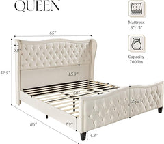 VanAcc Queen Size Platform Bed Frame, Wavy Velvet Wingback Upholstered Bed with Handmade Deep Button Tufted 52.9" Tall Headboard & Footboard/No Box Spring Needed/Cream