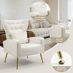 WQSLHX Button-Tufted Living Room Chairs Velvet Accent Chair with Lumbar Pillow, High Back Armchair Mid Century Modern Vanity Chair for Bedroom with Armrest, Arm Chair with Golden Metal Legs, White