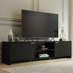 Madesa TV Stand for TV's up to 80 inches, 71 inch, TV Table with Cable Management, Wooden, 18'' H x 15'' D x 71'' L - Black