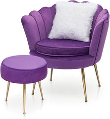 Magshion Modern Scalloped Back Accent Velvet Upholstered Armchair with Golden Legs and Soft Pillow with footrest for Living Room, Comfy Vanity Chair, Purple