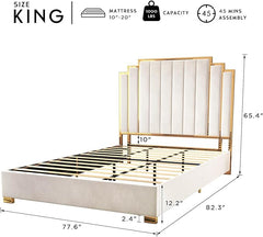 HOWE King Size Bed Frame and 65" Headboard, Upholstered Bed with Golden Plating Trim, Modern Platform Bed No Box Spring Needed, Cream