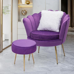 Magshion Modern Scalloped Back Accent Velvet Upholstered Armchair with Golden Legs and Soft Pillow with footrest for Living Room, Comfy Vanity Chair, Purple