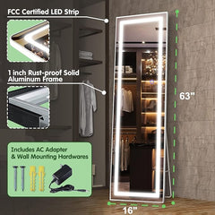 FENNIO Full Length Mirror with Lights 63"x16", LED Full Body Mirror, Free Standing Lighted Floor Mirror, Wall Mounted Hanging Mirror with Light for Bedroom, Aluminum Frame, Dimming & 3 Color Lighting