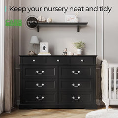 LINSY HOME Dresser for Bedroom, Long Dresser with 9 Drawers and Antique Handles, Chest of Drawers for Living Room, Entryway and Hallway, Black