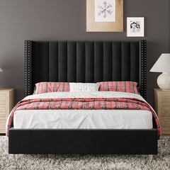 Jocisland Bed Frame Queen Size Upholstered Bed Wingback Headborad Velvet Channel Tufted/No Box Spring Needed/Black