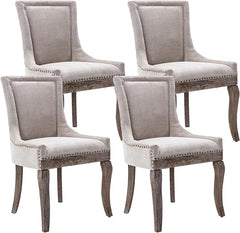 BFJDM Set of 4 Thickened Fabric Dining Chairs with Solid Wood Legs and Bronze Nail Head(Beige)