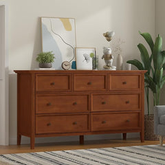 IKENO 7 Drawer Dresser, Vintage Solid Wood Large Storage Cabinet, Rustic Caramel Chest of Drawer for Bedroom Living Room Hallway Entryway (Caramel)