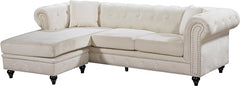 Meridian Furniture Sabrina REVERSIBLE 2 Piece Button Tufted Velvet Sectional with Scroll Arms, Nailhead Trim, and Custom Wood Legs, Cream