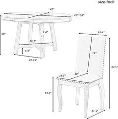 BIADNBZ 5-Piece Farmhouse Dining Table Set Round Extendable Tabletop and 4 Upholstered Dining&Chairs for Kitchen Furniture, Natural Wood Wash