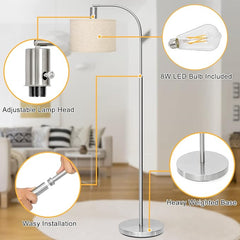 DWTB Floor Lamp for Living Room, Fully Dimmable Arc Modern Standing Lamp with Adjustable Lamp Head Sliver Tall Pole Reading Light with Beige Shade for Bedroom Study Room Bright 8W LED Bulb Included