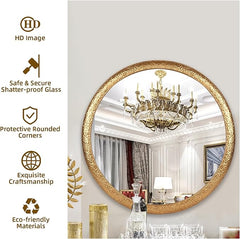 Varsoul 30 * 30in Antique Gold Decorative Metal Framed Round Wall Mirror，Decorative Accent Wall Mirrors Modern for Living Room, Entryway, Foyer, Hallway, Bedroom