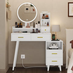 ADORNEVE Makeup Vanity with Lights in 3 Colors, Vanity Table with Charging Station, White Vanity Desk with Mirror and Lights, Makeup Table with 5 Drawers & Nightstand for Women Girls, White