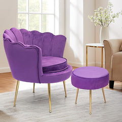 Magshion Modern Scalloped Back Accent Velvet Upholstered Armchair with Golden Legs and Soft Pillow with footrest for Living Room, Comfy Vanity Chair, Purple