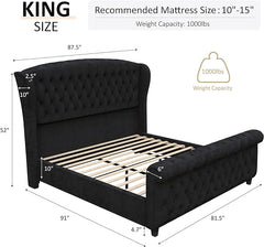 AMERLIFE King Size Platform Bed Frame, Velvet Upholstered Sleigh Bed with Scroll Wingback Headboard & Footboard/Button Tufted/No Box Spring Required/Easy Assembly/Black