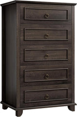 HOSTACK 5 Drawer Tall Dresser, Modern Farmhouse Chest of Drawers, Wood Dressers Organizer, Accent Storage Cabinet for Living Room, Hallway, Home Office, Dark Brown