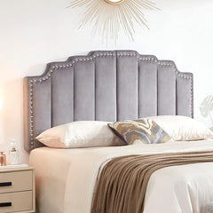 Kingfun Mid Century Headboard for Queen Size Bed, Velvet Upholstered Tufted Bed Headboard with Nailhead Decor, Adjustable Curved Solid Wood Head Board Vertical Channel Design (Medium Grey)