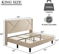 iPormis King Size Platform Bed Frame with Headboard, Upholstered Bed Frame with Solid Wood Slats, 8" Storage Space, No Box Spring Needed, Easy Assembly, Beige