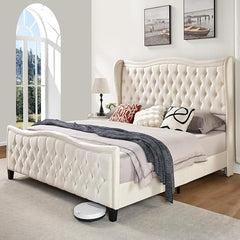 VanAcc Queen Size Platform Bed Frame, Wavy Velvet Wingback Upholstered Bed with Handmade Deep Button Tufted 52.9" Tall Headboard & Footboard/No Box Spring Needed/Cream