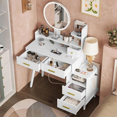 ADORNEVE Makeup Vanity with Lights in 3 Colors, Vanity Table with Charging Station, White Vanity Desk with Mirror and Lights, Makeup Table with 5 Drawers & Nightstand for Women Girls, White