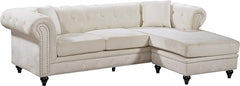 Meridian Furniture Sabrina REVERSIBLE 2 Piece Button Tufted Velvet Sectional with Scroll Arms, Nailhead Trim, and Custom Wood Legs, Cream